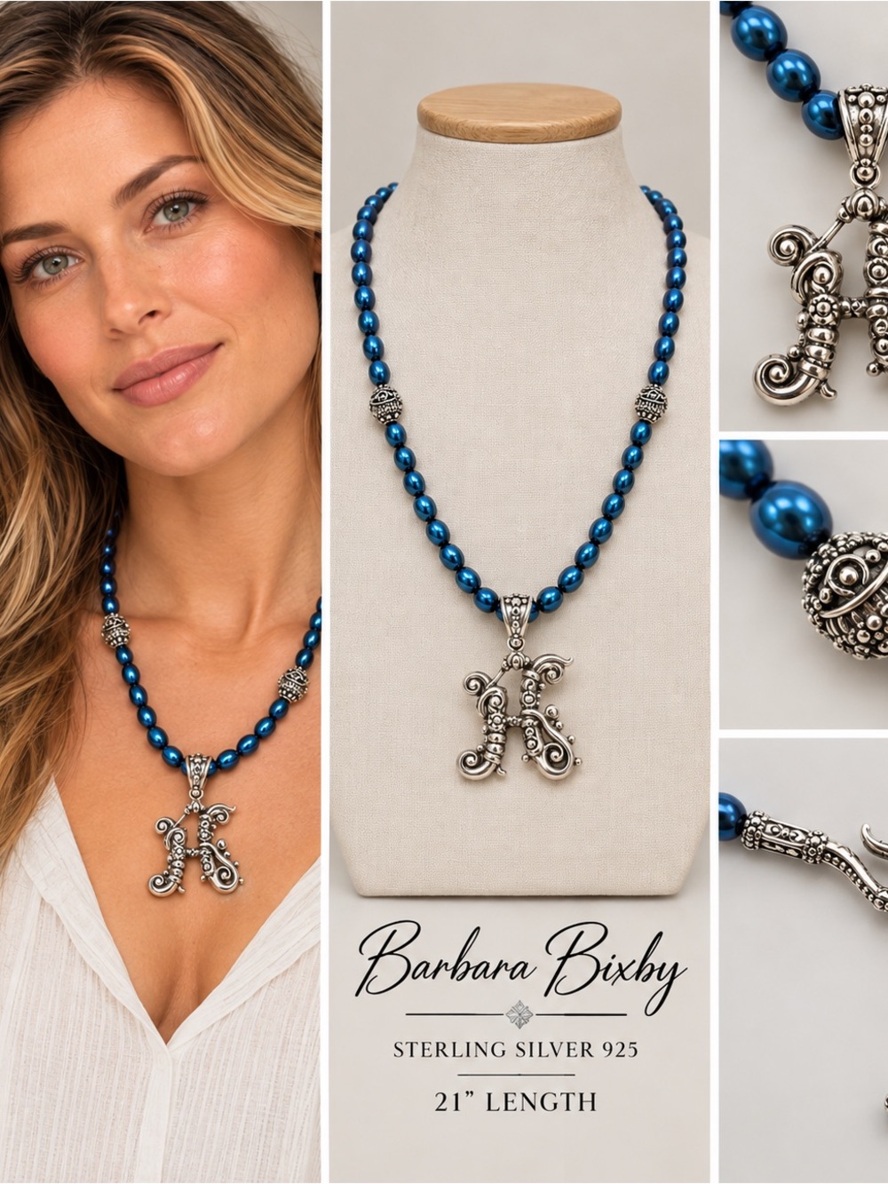 Barbara Bixby Sterling Silver Blue Pearl Beaded Necklace 21" Ornate Pendant